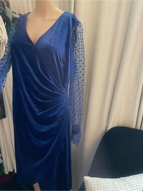 Elegant Cobalt Velvet Wrap Midi Dress with Polka Dot Sheer Sleeves